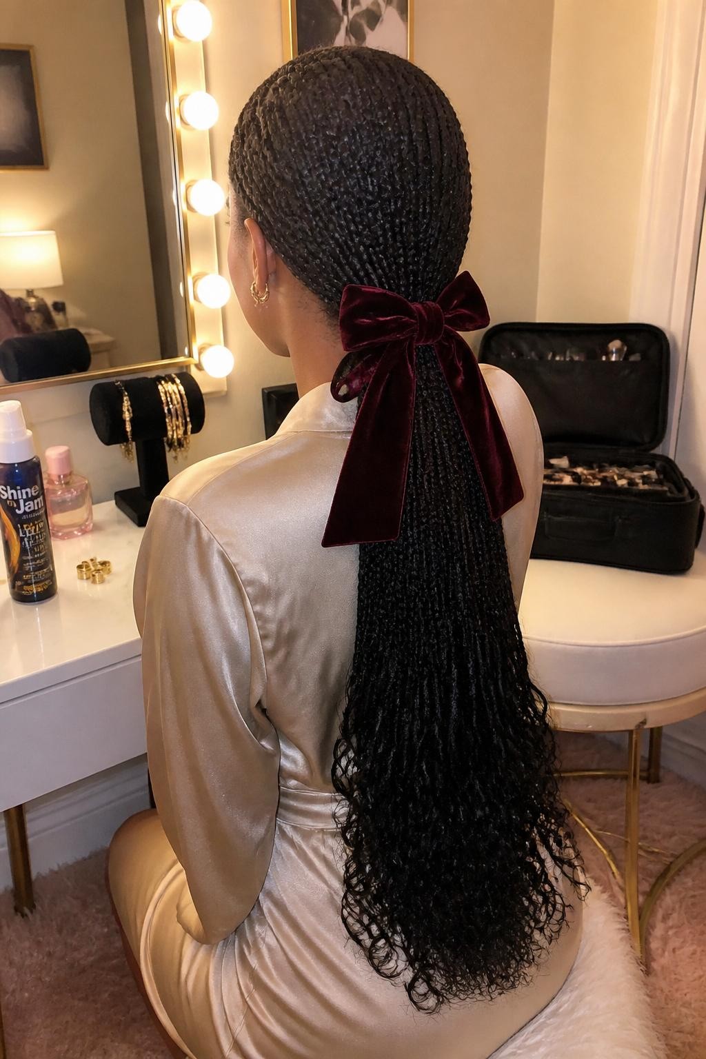 Photo of a Black woman wearing long knotless braids gathered into a sleek low ponytail with softly curled ends and a deep wine-colored velvet bow tied at the base, back-of-head view in a softly lit dressing room, warm indoor lighting, braid mousse and gold cuffs resting on the vanity, satin wrap dress visible and a makeup bag left open nearby, realistic braided texture, latest iPhone photo quality.