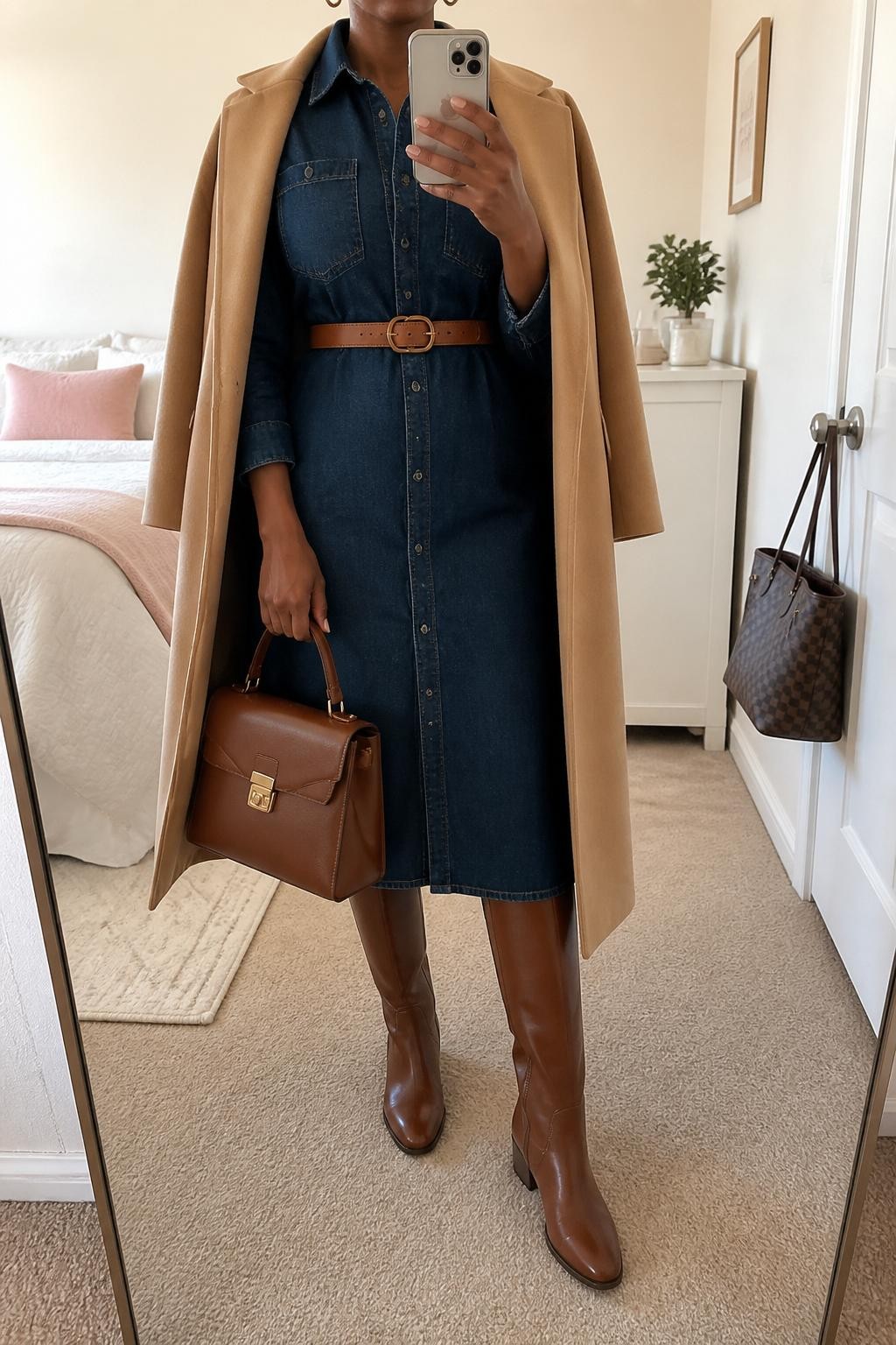mirror selfie of a Black woman wearing the exact outfit described above, clearly showing a belted dark denim shirt midi dress, cognac riding boots, a tan leather waist belt, a camel wool coat draped open, a brown structured satchel bag, and small gold hoop earrings, holding a phone in front of a mirror, cropped at NECK so the face does not show, with a relaxed casual selfie pose, in a feminine-themed bedroom, natural window light, with a handbag hanging on a door handle and a small plant on a dresser, latest iPhone photo quality.