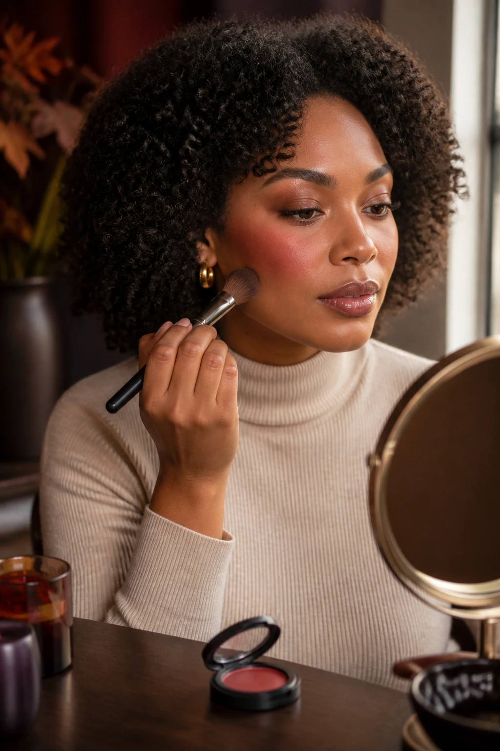 Image Prompt: A realistic close-up makeup photograph of a Black woman with warm medium-brown skin applying a rich cinnamon-berry cream blush high across her cheeks, natural skin prepared with light base makeup, soft brown eyeshadow, brushed brows, and muted glossy lips, shoulder-length curls styled into a rounded shape, woman wearing an oatmeal turtleneck and small gold earrings, cream blush compact and dense brush on a dark walnut vanity, warm golden fall window light, rust, plum, and chocolate background accents, realistic pores and makeup texture, premium DSLR beauty editorial photography, 85mm lens, no product branding, no text.