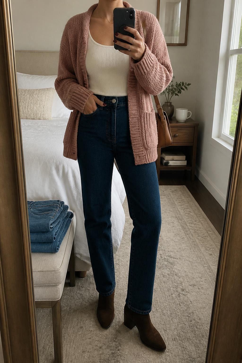 mirror selfie of a woman wearing a dusty rose chunky knit cardigan over a fitted ivory ribbed tank top, dark-wash high-waisted straight-leg jeans, chocolate brown suede ankle boots, and a small tan leather shoulder bag, clearly showing the same clothing items, colors, fabrics, and accessories listed in the Outfit Pieces section, holding a phone in front of a mirror, cropped at NECK so the face does not show, with a relaxed casual selfie pose, in a cozy bedroom mirror setup, natural window light, including a coffee mug on a bedside table and folded denim jeans on a bench, latest iPhone photo quality.