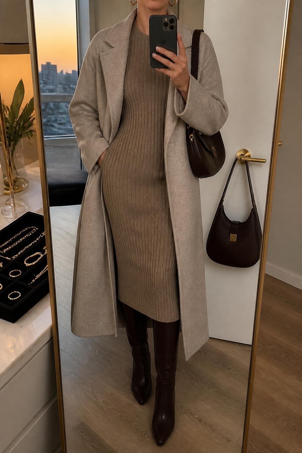 mirror selfie of a woman wearing a taupe ribbed knit midi dress, long oatmeal wool coat, brown leather knee-high boots, gold hoop earrings, and a chocolate brown shoulder bag, clearly showing the same clothing items, colors, fabrics, and accessories listed in the Outfit Pieces section, holding a phone in front of a mirror, cropped at NECK so the face does not show, with a relaxed casual selfie pose, in a stylish city apartment, evening golden hour, including a handbag hanging on a door handle and a jewelry tray on the vanity, latest iPhone photo quality.