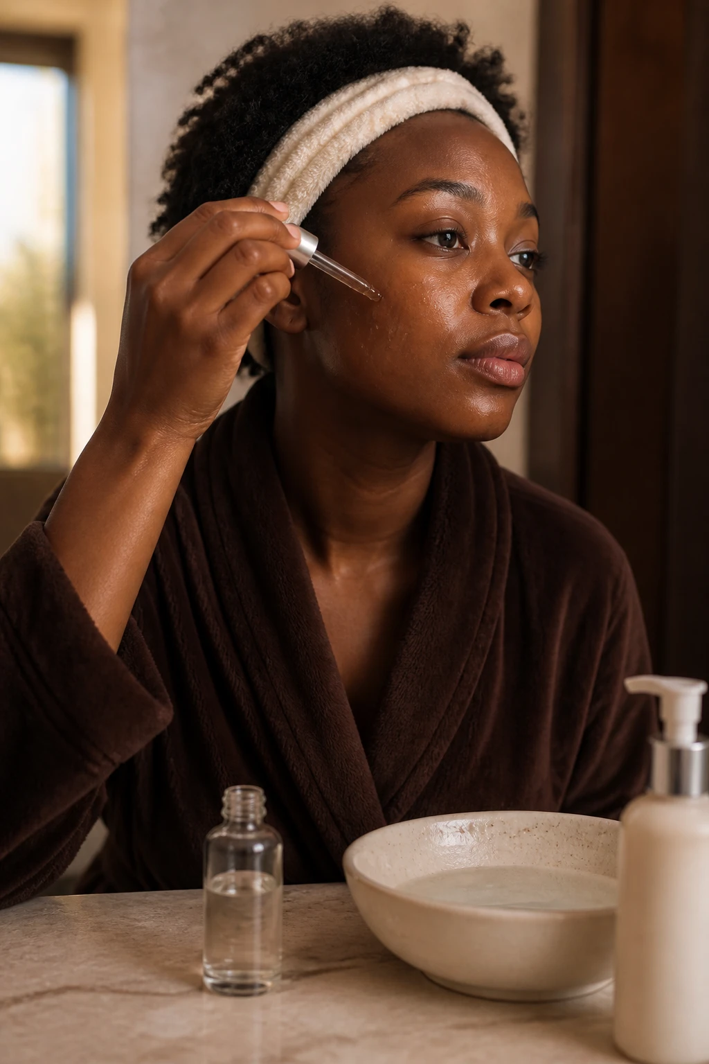 Image Prompt: A close-up photorealistic beauty portrait of a Black woman with deep brown skin applying a few drops of hydrating serum to slightly damp cheeks after cleansing, healthy natural skin texture with visible pores and a soft satin finish, short natural curls held back with a cream headband, clear unbranded serum bottle, gentle cleanser and ceramic water bowl arranged on a pale stone vanity, woman wearing a plush chocolate-brown robe, warm diffused morning window light, soft cream, amber and dark wood bathroom palette, realistic reflections and hands, luxury DSLR skincare photography, 100mm lens, no excessive shine, no airbrushed skin, no text.
