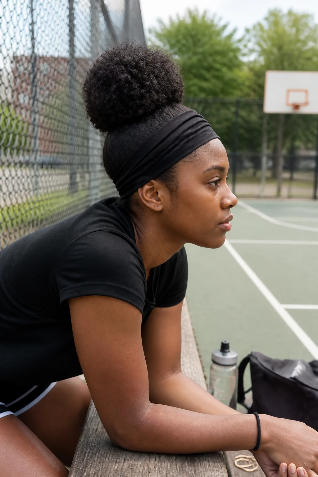 Image prompt
Photo of a Black woman wearing a high rounded curly puff with a wide black athletic headband covering the front hairline, side profile view beside a softly blurred outdoor basketball court, natural daylight, containing a small lived-in detail such as a sports bottle near the fence, hoop earrings removed and resting beside a gym bag, and a spare hair tie on her wrist, realistic candid pre-practice photograph, latest iPhone photo quality.