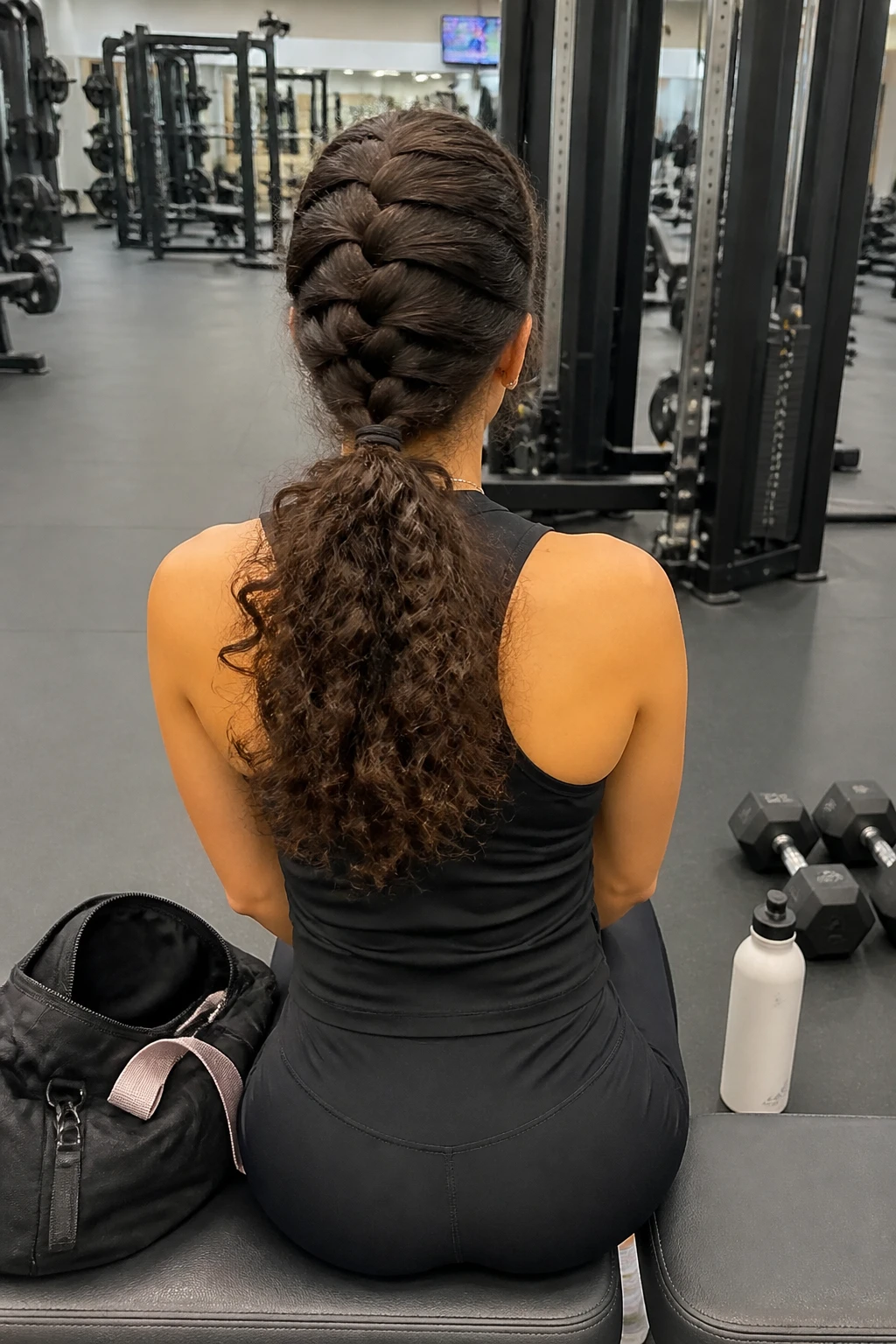 Image prompt
Photo of a woman wearing a single French braid beginning at the crown and ending in a full curly ponytail at the nape, back-of-head view inside a bright indoor gym, soft overhead lighting, containing a small lived-in detail such as dumbbells near a gym bag, a water bottle by the bench, and a spare headband tucked into the side pocket, realistic pre-workout moment, latest iPhone photo quality.