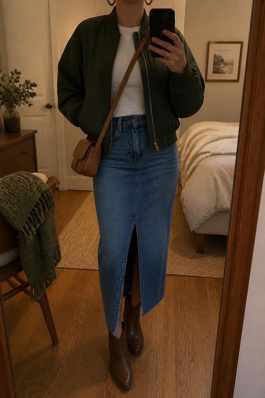 mirror selfie of a woman wearing the exact outfit described above, clearly showing a forest green bomber jacket layered over a fitted white ribbed top, medium-wash denim maxi skirt with a front slit, brown western ankle boots, a tan crossbody bag, and gold hoop earrings, holding a phone in front of a mirror, cropped at NECK so the face does not show, with a relaxed casual selfie pose, in a cozy bedroom mirror setup, warm moody lighting, with folded blanket on a chair and a small plant on a dresser, latest iPhone photo quality.
