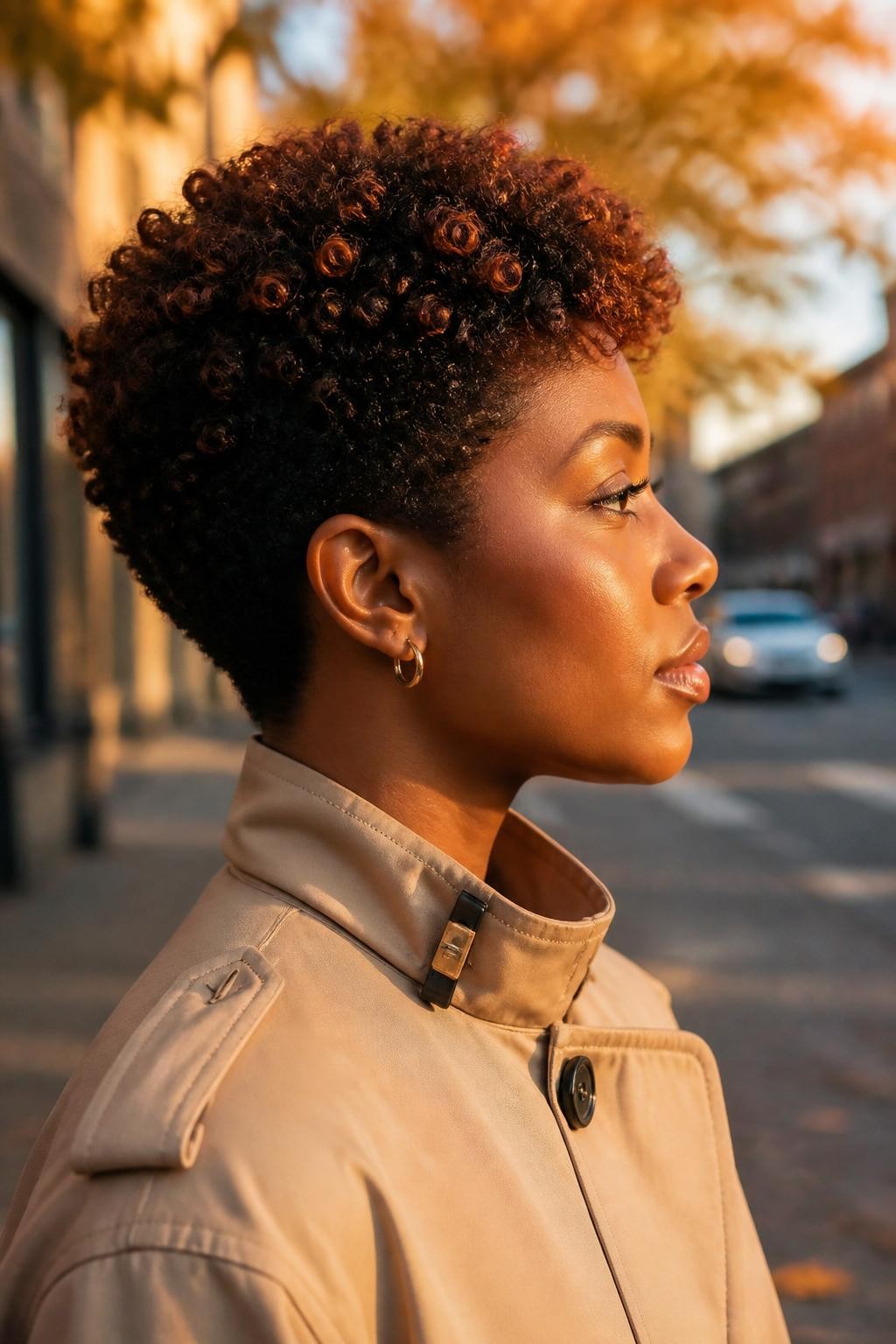 Photo of a Black woman wearing a short curly pixie with full defined coils through the crown, closely shaped sides, and subtle copper color concentrated on the tips, side-profile view against a softly blurred city street with amber leaves, golden hour glow, small gold hoops visible and a hair clip attached to her trench coat collar, realistic natural curl texture, latest iPhone photo quality.