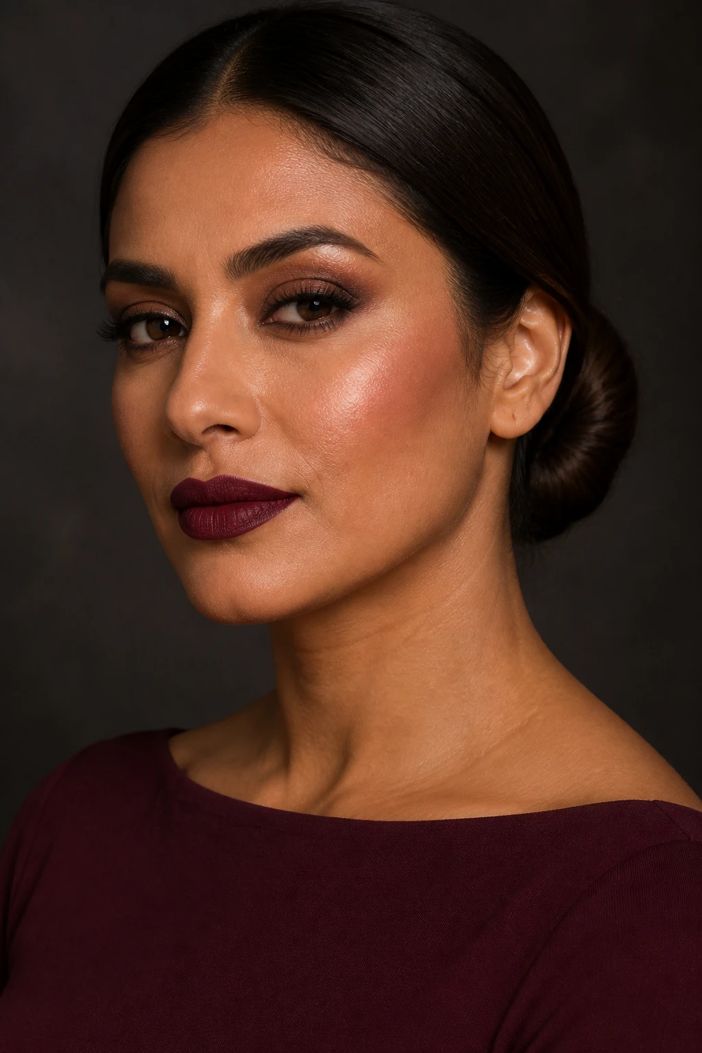 Create a single sophisticated professional beauty portrait of a woman aged 33 to 41 with medium-deep skin, olive-neutral undertones, almond-shaped dark brown eyes, defined cheekbones, and naturally full lips. Her long dark brown hair is styled in a sleek low bun with a centre part, keeping every strand away from the eyes and cheek area. She wears a simple deep wine-red bateau-neck top.
Apply satin bronze-taupe eyeshadow across the inner and centre portions of the mobile lids. Blend matte cocoa-brown through the crease with soft, controlled edges. Concentrate deep matte espresso shadow along the outer upper lash lines, outer corners, and outer crease, blending it outward into a softly elongated shape rather than covering the full lid. Maintain clear separation between the bronze-taupe centre and espresso outer corner. Add a small muted champagne-bronze highlight at the inner corners. Smudge espresso pencil tightly along the upper lashes, thickening it slightly at the outer thirds without creating a sharp black wing. Place cocoa and espresso shadow along the outer half of the lower lash lines, leaving the inner lower corners clean. Apply separated lashes with moderate volume and slightly longer outer corners. Keep the brows full, softly angled, and detailed with individual hairs.
Use satin-matte foundation matched accurately to the face, neck, and chest. Preserve pores, fine facial hairs, natural under-eye texture, and slight skin variation. Apply neutral rose blush high on the cheeks with an upward blend. Add soft olive-brown bronzer around the temples, cheek perimeter, and jawline. Use a restrained bronze-champagne highlight on the tops of the cheekbones. Line the lips with deep wine-brown pencil and apply deep wine velvet lipstick with natural dimension, visible lip lines, and clean but not overly sharp edges.
Pose the model at a three-quarter angle with both eyes visible and her gaze directed slightly past the camera. Her face should occupy around 76 percent of the frame. Photograph her using a full-frame mirrorless camera and an 85mm lens with gentle side lighting and soft frontal fill. Keep the dark espresso areas detailed rather than flat, and preserve the bronze-taupe colour. Use a softly blurred charcoal background with a warm undertone.
Include accurate facial anatomy, correctly aligned pupils, natural eye direction, balanced smoky placement, individual eyelash and eyebrow hairs, natural pores, fine facial hairs, natural lip lines, subtle facial asymmetry, believable skin highlights, accurate pigment placement, realistic hair strands, and natural human proportions.
Avoid plastic skin, excessive smoothing, flat black smoky eyes, muddy bronze and espresso, disappearing centre lid colour, uneven liner, distorted pupils, crossed eyes, duplicated lashes, block-shaped brows, oversized lips, mismatched foundation, harsh contour stripes, metallic highlight streaks, strange teeth, distorted earrings, extra fingers, hands covering the makeup, floating products, text, logos, watermarks, collages, and split-screen layouts.