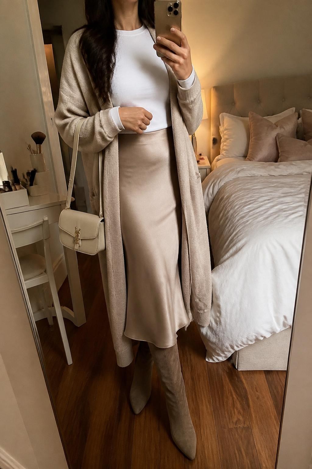 mirror selfie of a woman wearing an oatmeal long cardigan coat over a white fitted long-sleeve top, champagne satin midi skirt, taupe suede knee-high boots, and a cream shoulder bag, clearly showing the same clothing items, colors, fabrics, and accessories listed in the Outfit Pieces section, holding a phone in front of a mirror, cropped at NECK so the face does not show, with a relaxed casual selfie pose, in a feminine-themed bedroom, warm moody lighting, including a makeup brush on the vanity and soft pillows on an unmade bed, latest iPhone photo quality.