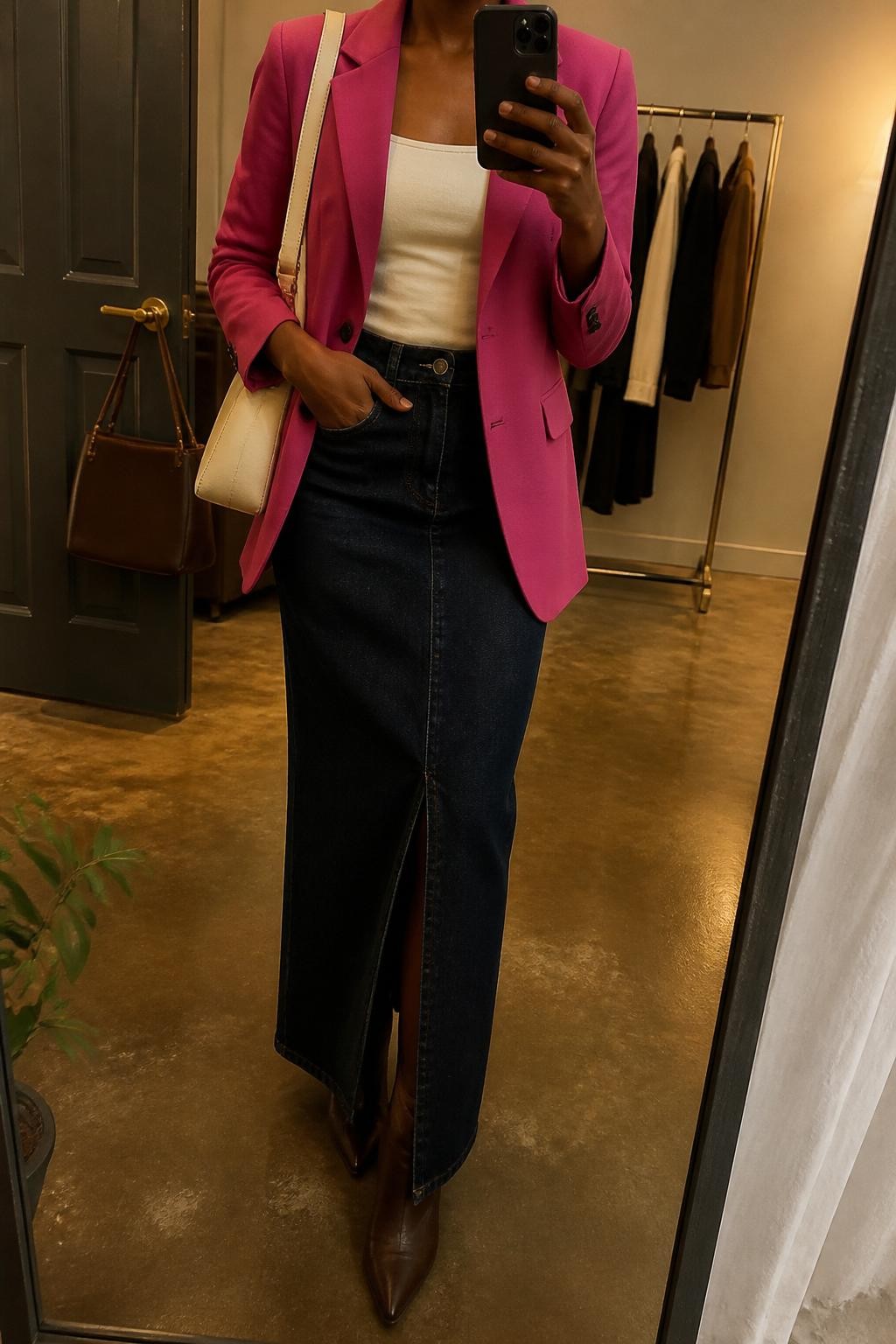 mirror selfie of a Black woman wearing a raspberry pink tailored blazer over a fitted cream square-neck top, dark-wash denim maxi skirt with a front slit, chocolate brown pointed boots, and a structured cream shoulder bag, clearly showing the same clothing items, colors, fabrics, and accessories listed in the Outfit Pieces section, holding a phone in front of a mirror, cropped at NECK so the face does not show, with a relaxed casual selfie pose, in a fashion studio mirror corner, warm moody lighting, including a clothing rack with garments behind and a handbag hanging on a door handle, latest iPhone photo quality.