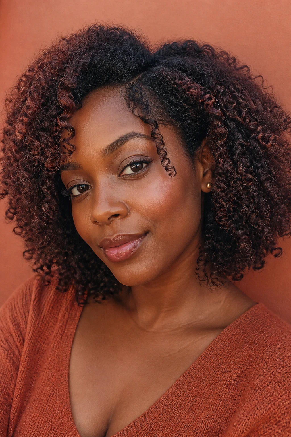 A realistic close-up portrait of a Black woman with medium-dark brown skin and shoulder-length natural curls, dark chocolate brown base, very fine auburn babylights painted through selected curls, warm reddish-brown glow around the crown and face, natural dark roots, defined curls with soft frizz, rust knit top, small gold studs, terracotta wall, natural daylight, realistic curl texture and skin detail.