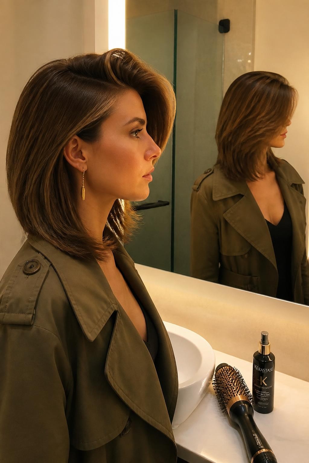Photo of a woman wearing an asymmetrical lob with one side grazing the collarbone, the opposite side cut slightly shorter, and a dramatic deep side flip with smooth curved ends, side-profile mirror view at a bathroom vanity, warm indoor lighting, blow-dry brush and smoothing serum on the counter, long drop earring visible and an olive trench coat reflected in the mirror, latest iPhone photo quality.