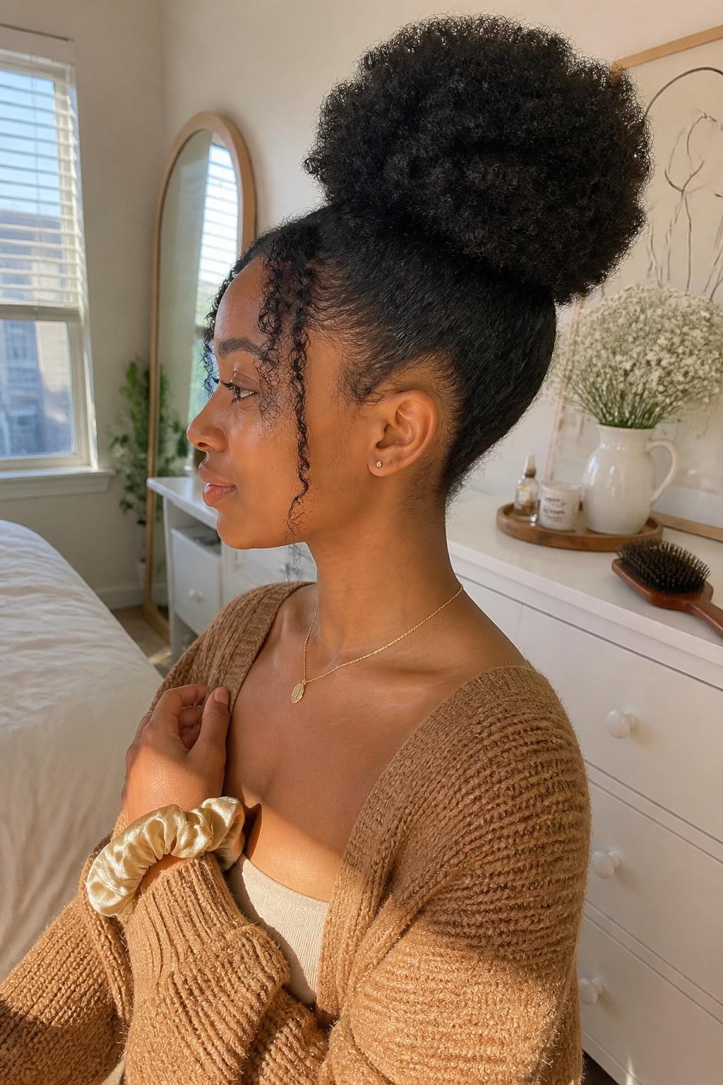 Image prompt: Photo of a Black woman wearing a fluffy high puff with softly defined coily texture, two curled tendrils framing her face, and neatly shaped natural edges, candid side-profile view, sun-drenched bedroom setting, warm natural window light, a silk scrunchie around her wrist and a hairbrush resting on the dresser, cozy knit cardigan visible, realistic unstaged morning moment, latest iPhone photo quality.