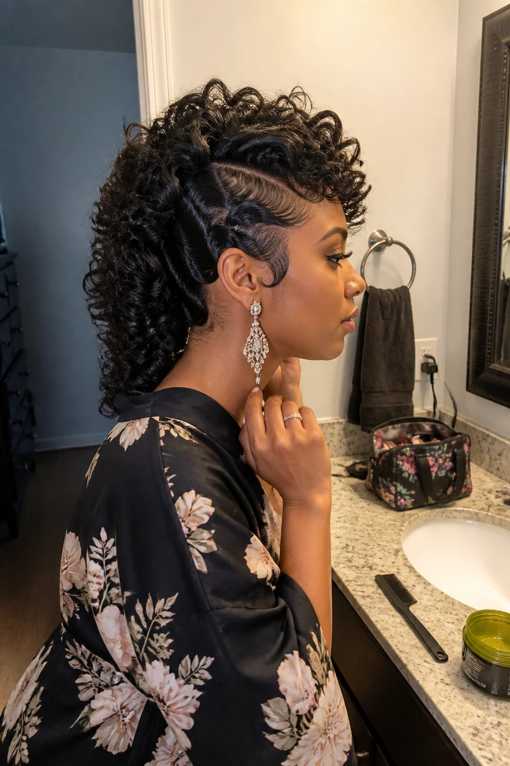 Image prompt
Photo of a South Asian woman wearing a curly mohawk with glossy finger waves sculpted along both sides and full polished curls through the centre, side profile view at a bathroom vanity mirror, soft indoor lighting, containing a small lived-in detail such as a fine-tooth comb and styling gel on the counter, a makeup bag nearby, and statement earrings peeking through, realistic getting-ready moment, latest iPhone photo quality.