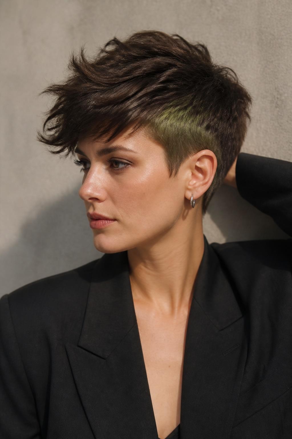 A realistic editorial portrait of a woman with fair neutral skin wearing a modern undercut pixie, deep mushroom-brown base across the longer top, muted mossy-olive panels hidden beneath the crown and above one closely cropped side, natural dark brown roots retained, soft khaki-green and bronze-green variation within the panels, one side swept upward to reveal the color, no neon lime or flat forest-green block, textured fringe, small silver hoops, charcoal blazer, pale stone background, narrow directional light, realistic earthy pigment, natural hair texture.