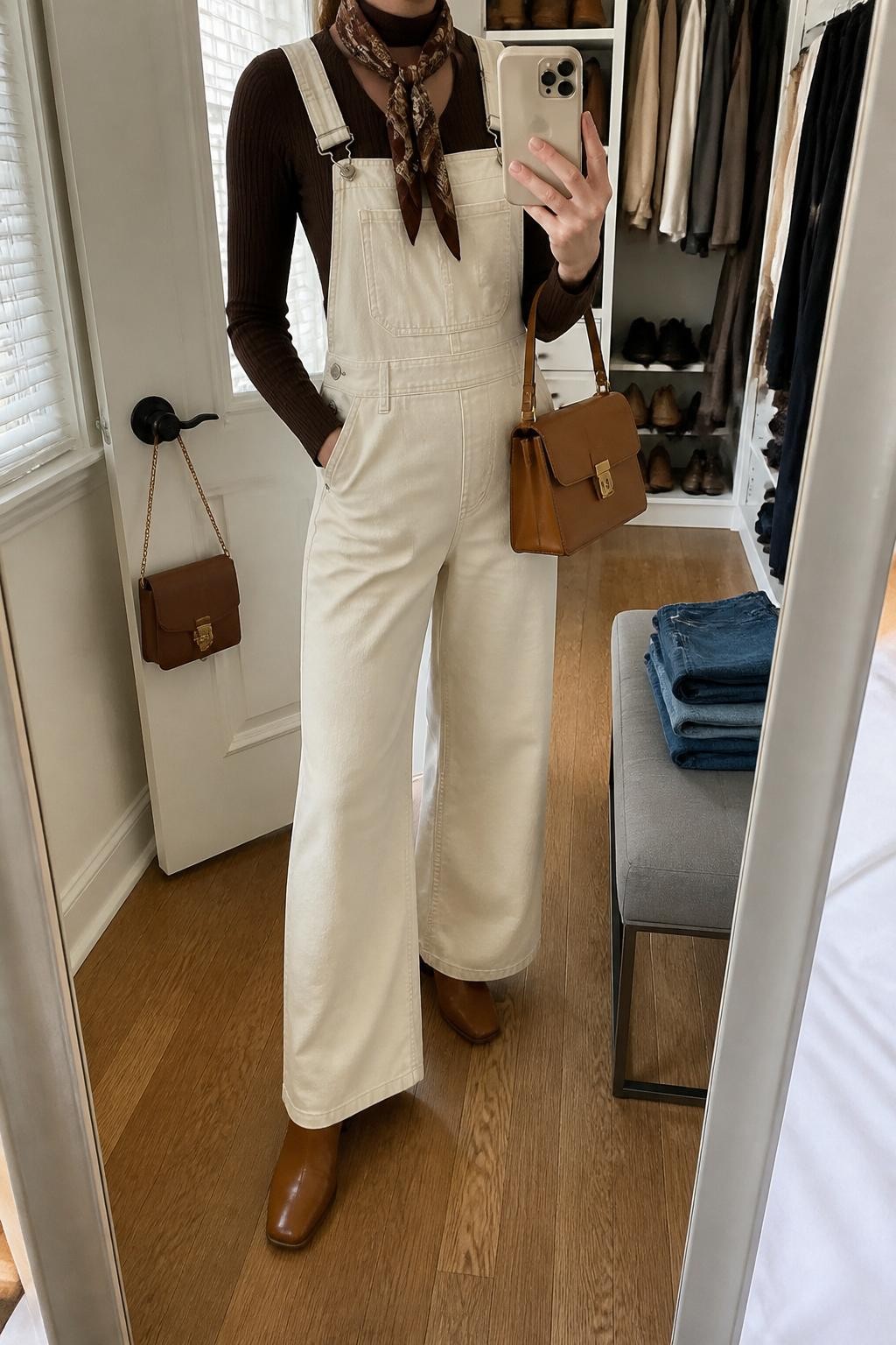mirror selfie of a woman wearing ecru wide-leg denim overalls layered over a fitted chocolate brown ribbed long-sleeve top, cognac leather ankle boots, a printed brown silk neck scarf, and a structured caramel handbag, clearly showing the same clothing items, colors, fabrics, footwear, and accessories listed in the Outfit Pieces section, holding a phone in front of a mirror, cropped at NECK so the face does not show, with a relaxed casual selfie pose, in a walk-in closet mirror, natural window light, including folded denim jeans on a bench and a handbag hanging on a door handle, latest iPhone photo quality.