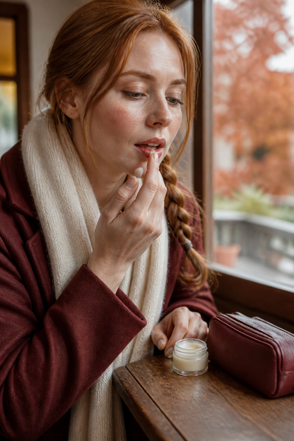 Image Prompt: A detailed macro beauty photograph of a woman applying a thick clear lip treatment before leaving home on a cool fall morning, naturally textured lips with mild seasonal dryness, soft freckles and realistic skin texture, auburn hair styled into a loose low braid, cream scarf and burgundy coat, plain unbranded balm jar and lipstick pouch resting on a wooden entryway table, warm window light, copper leaves visible outside, realistic glossy balm finish without excessive shine, editorial DSLR beauty photography, 100mm macro lens, no logos, no text.