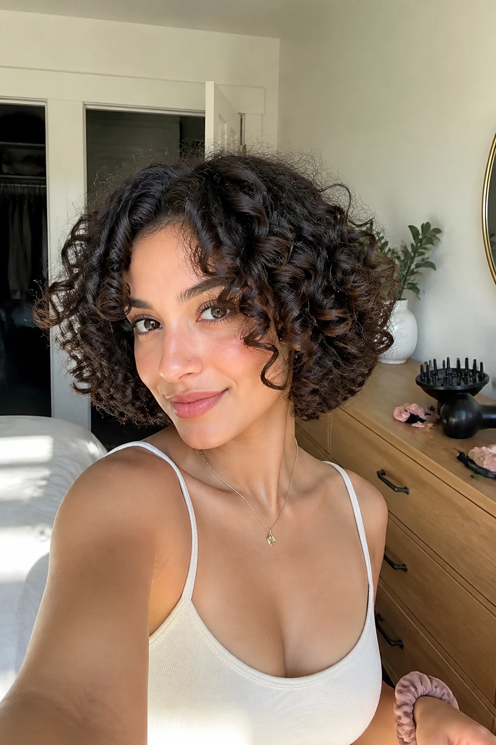 Image prompt

Photo of a Latina woman wearing a short voluminous curly bob with hidden internal layers, soft lift at the crown, and full defined curls around the face, front three-quarter view in a sun-drenched bedroom, natural window light, containing a small lived-in detail such as sectioning clips and a diffuser on the dresser, a silk scrunchie on her wrist, and a slightly open closet behind her, realistic getting-ready moment, latest iPhone photo quality.