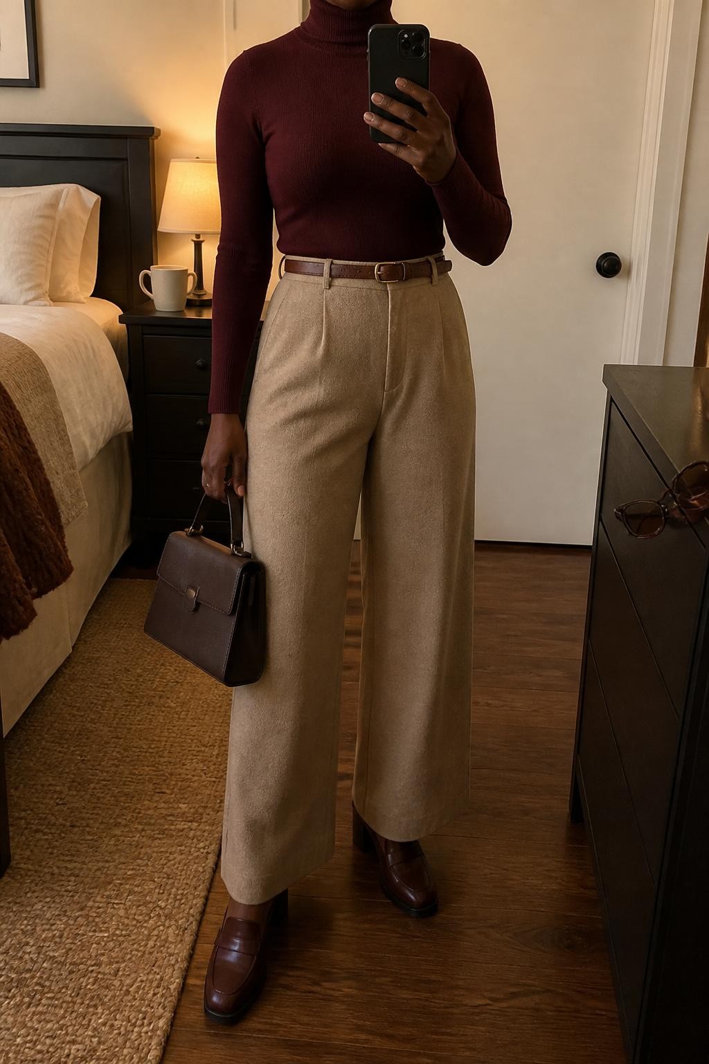 mirror selfie of a Black woman wearing a fitted burgundy turtleneck, camel wide-leg wool trousers, brown heeled loafers, a slim brown belt, and a dark brown structured handbag, clearly showing the same clothing items, colors, fabrics, and accessories listed in the Outfit Pieces section, holding a phone in front of a mirror, cropped at NECK so the face does not show, with a relaxed casual selfie pose, in a cozy bedroom mirror setup, warm moody lighting, including a coffee mug on a bedside table and sunglasses placed on a dresser, latest iPhone photo quality.