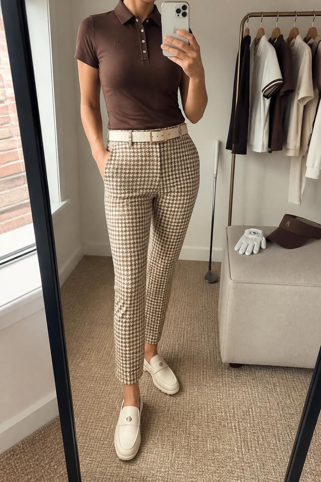 Mirror selfie of a woman wearing a fitted chocolate brown short-sleeve golf polo, cream-and-brown houndstooth ankle-length golf pants, cream spikeless golf loafers, a slim cream golf belt, and a chocolate brown visor, clearly showing the exact clothing items, colors, patterns, fabrics, and accessories listed, holding a latest-model iPhone in front of a mirror, cropped at the neck so the face does not show, relaxed casual selfie pose, in a fashion studio mirror corner with natural window light, a clothing rack with neutral golf outfits behind and a golf glove on a bench, realistic uncluttered composition, latest iPhone photo quality.