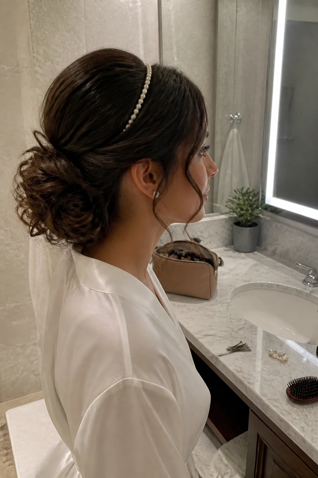 Image prompt

Photo of a woman wearing a low curly bun with a slim pearl headband, soft volume at the crown, and two loose tendrils around the face, side profile view beside a bathroom vanity mirror, soft indoor lighting, containing a small lived-in detail such as bobby pins near an open makeup bag, a hairbrush on the counter, and pearl earrings beside the sink, realistic getting-ready moment, latest iPhone photo quality.