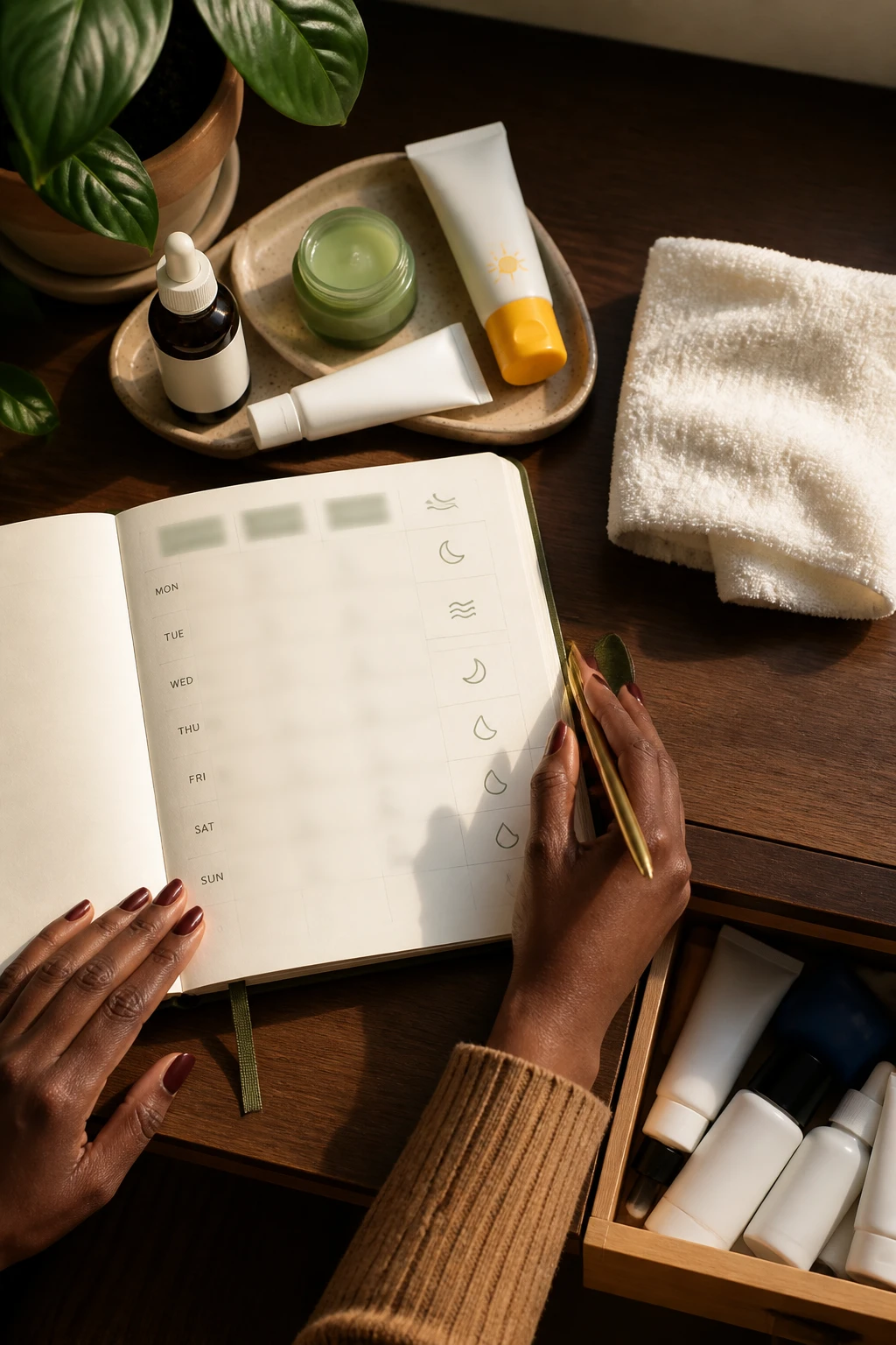 Image Prompt: A realistic overhead editorial photograph of a weekly fall skincare schedule for oily skin arranged on a dark walnut desk, open planner containing blurred evening boxes with simple symbols representing treatment nights, rest nights, and hydration nights, one salicylic acid bottle, one adapalene-style gel tube, lightweight moisturizer, sunscreen, and clean face towel arranged nearby, several unnecessary active products stored in a closed drawer, Black woman’s hands with short glossy burgundy nails holding a pen, warm late-afternoon sunlight, cream, olive, rust, and dark brown palette, realistic paper and cosmetic textures, DSLR flat-lay photography, no readable writing, no branding, no text overlay.