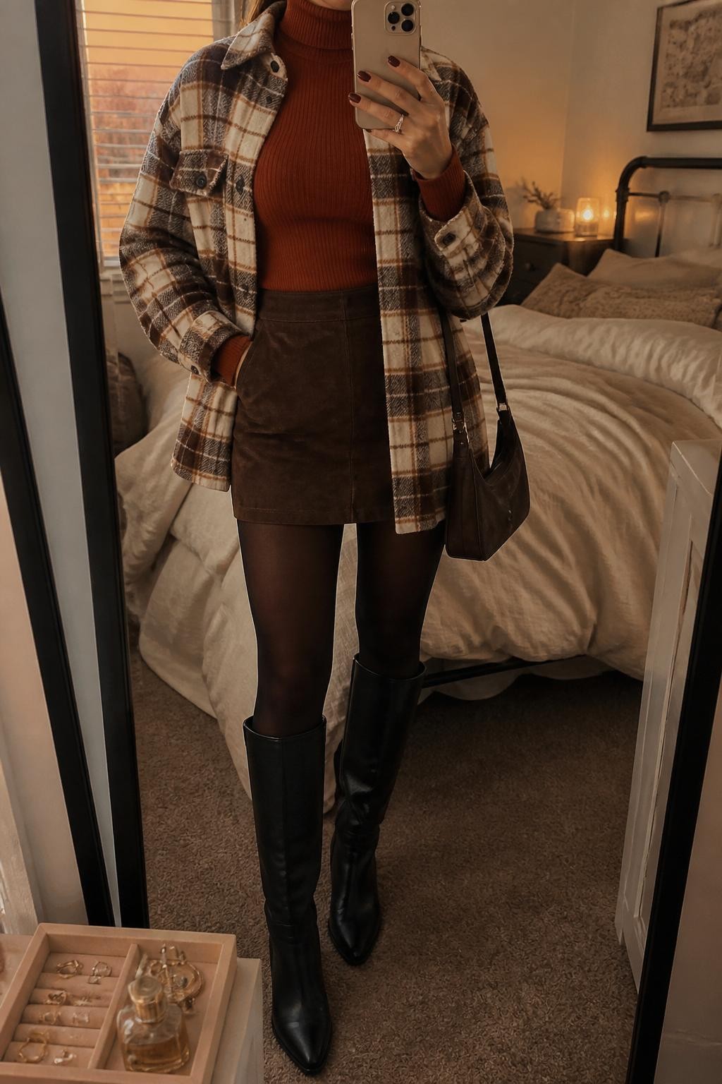 Mirror selfie of a woman wearing an oversized brown-and-cream plaid wool-blend shacket over a fitted rust-orange turtleneck, a dark brown suede mini skirt, opaque black tights, knee-high black leather boots, and a small dark brown shoulder bag, clearly showing the exact clothing items, colors, patterns, textures, and accessories listed, holding a latest-model iPhone in front of a mirror, cropped at the neck so the face does not show, relaxed casual selfie pose, in a cozy bedroom mirror setup with evening golden-hour lighting, soft pillows on an unmade bed and a jewelry tray on the vanity, natural unstaged composition, latest iPhone photo quality.