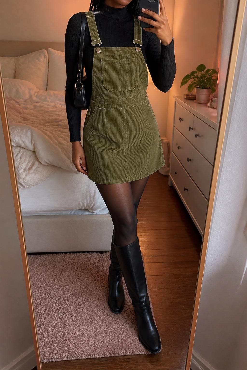 mirror selfie of a Black woman wearing olive green corduroy skirt overalls with a short A-line shape over a fitted black mock-neck sweater, sheer black tights, black leather knee-high boots, and a compact black shoulder bag, clearly showing the same clothing items, colors, fabrics, footwear, and accessories listed in the Outfit Pieces section, holding a phone in front of a mirror, cropped at NECK so the face does not show, with a relaxed casual selfie pose, in a feminine-themed bedroom, evening golden hour, including soft pillows on an unmade bed and a small plant on a dresser, latest iPhone photo quality.