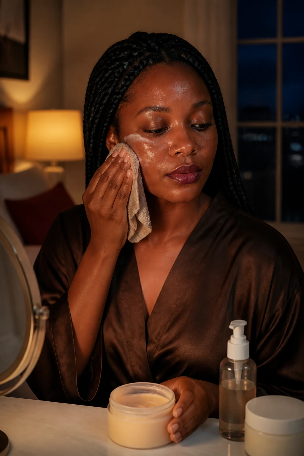 Image Prompt: A cinematic nighttime beauty photograph of a Black woman with deep neutral-brown skin removing fall makeup with a silky cleansing balm at a softly lit bedroom vanity, foundation and berry lipstick beginning to dissolve naturally without smearing dramatically, long box braids secured away from her face, woman wearing a chocolate satin robe, plain cleansing balm jar, soft reusable cloth, gentle second cleanser, and moisturizer arranged nearby, warm amber lamp, cream walls, burgundy throw blanket, and dark-blue evening outside the window, realistic hands, skin, and balm texture, premium DSLR skincare editorial photography, 85mm lens, no product branding, no text.
