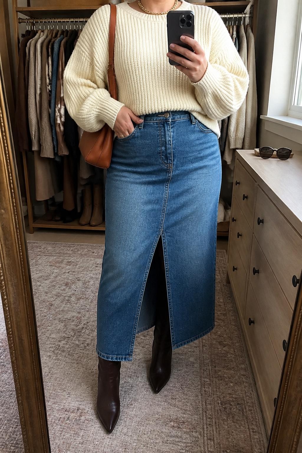 mirror selfie of a plus size woman wearing the exact outfit described above, a cream chunky knit statement sleeve sweater, medium blue denim maxi skirt with a front slit, chocolate brown leather pointed boots, caramel faux leather shoulder bag, and medium-weight gold chain necklace, clearly showing the same clothing items, colors, fabrics, and accessories listed in the Outfit Pieces section, holding a phone in front of a mirror, cropped at NECK so the face does not show, with a relaxed casual selfie pose, in a walk-in closet mirror, natural window light, including clothing rack with garments behind and sunglasses placed on a dresser, latest iPhone photo quality.