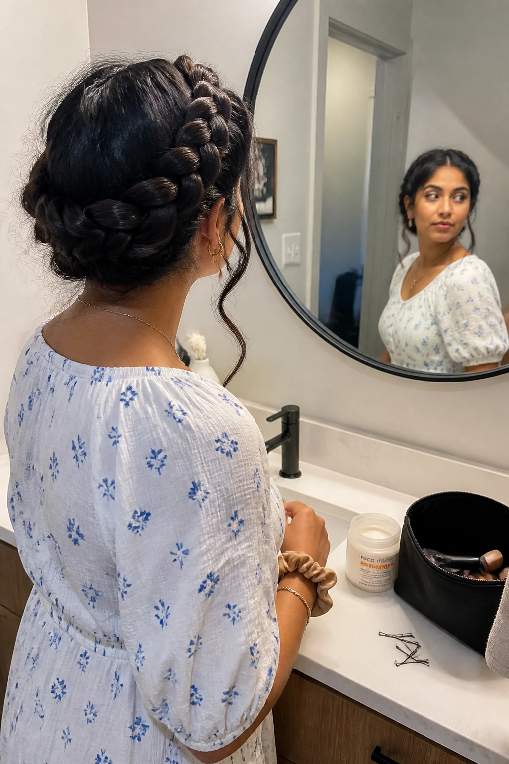 Image prompt

Photo of a South Asian woman wearing a loose curly crown braid wrapped around the head with soft flyaways and small tendrils near the temples, back three-quarter view beside a bathroom vanity mirror, soft indoor lighting, containing a small lived-in detail such as bobby pins beside an open makeup bag, a curl cream jar on the counter, and a silk scrunchie on her wrist, realistic at-home styling moment, latest iPhone photo quality.