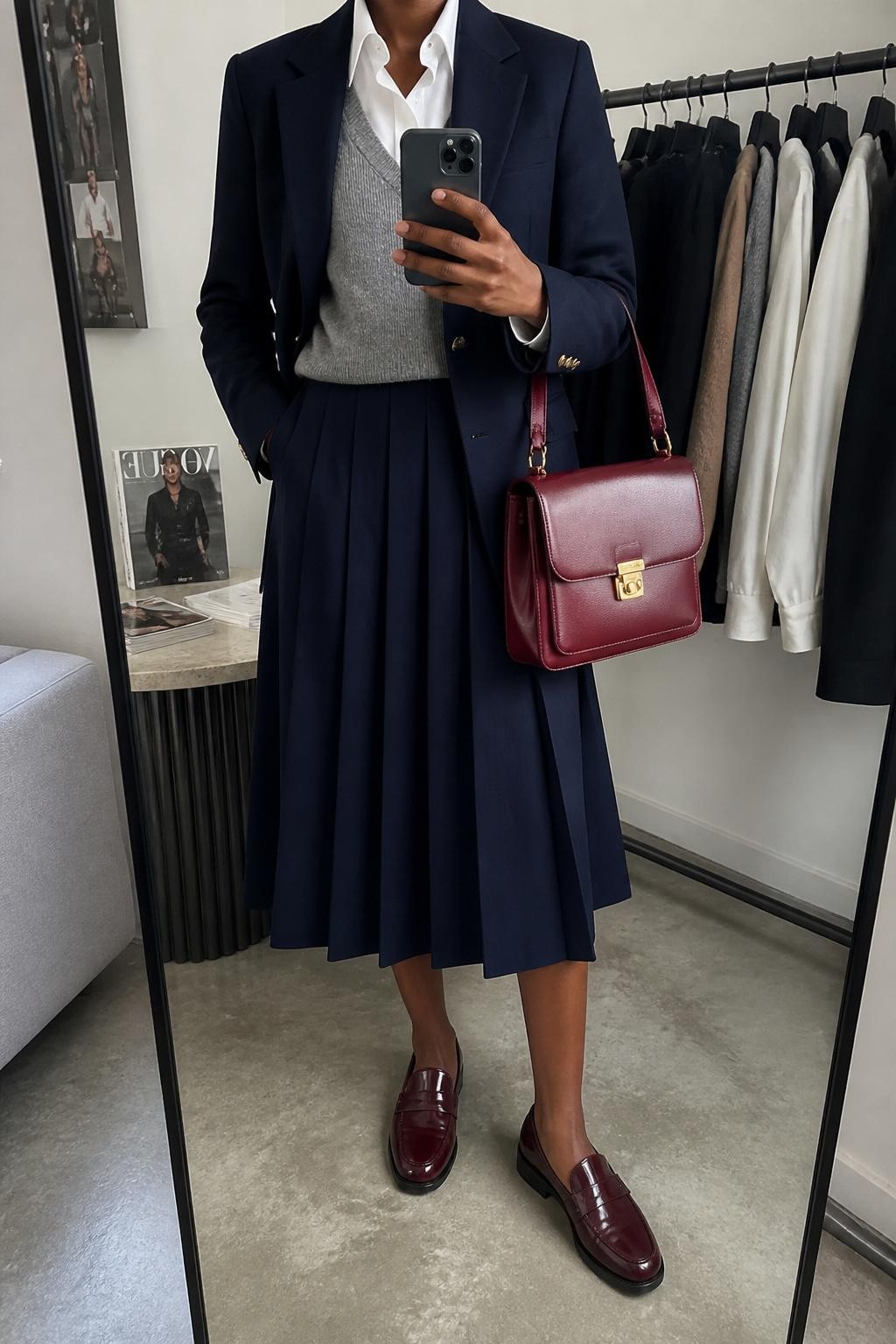 Mirror selfie of a Black woman with deep brown skin wearing a tailored navy wool blazer over a gray V-neck sweater vest and a crisp white button-down shirt, a navy pleated midi skirt, oxblood leather loafers, and a structured oxblood satchel, clearly showing the exact clothing items, colors, fabrics, and accessories listed, holding a latest-model iPhone in front of a mirror, cropped at the neck so the face does not show, relaxed casual selfie pose, in a fashion studio mirror corner with soft indoor lighting, a clothing rack with garments behind and fashion magazines on a side table, realistic uncluttered scene, latest iPhone photo quality.