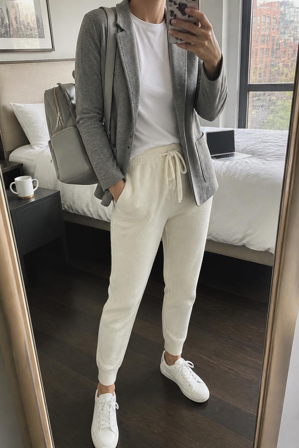 mirror selfie of a woman wearing a gray soft blazer over a white crewneck tee, cream knit joggers, white leather sneakers, and a gray backpack-style teacher bag, clearly showing the same clothing items, colors, fabrics, and accessories listed in the Outfit Pieces section, holding a phone in front of a mirror, cropped at NECK so the face does not show, with a relaxed casual selfie pose, in a stylish city apartment, natural window light, including a laptop or tablet on the bed and a coffee mug on a bedside table, latest iPhone photo quality.