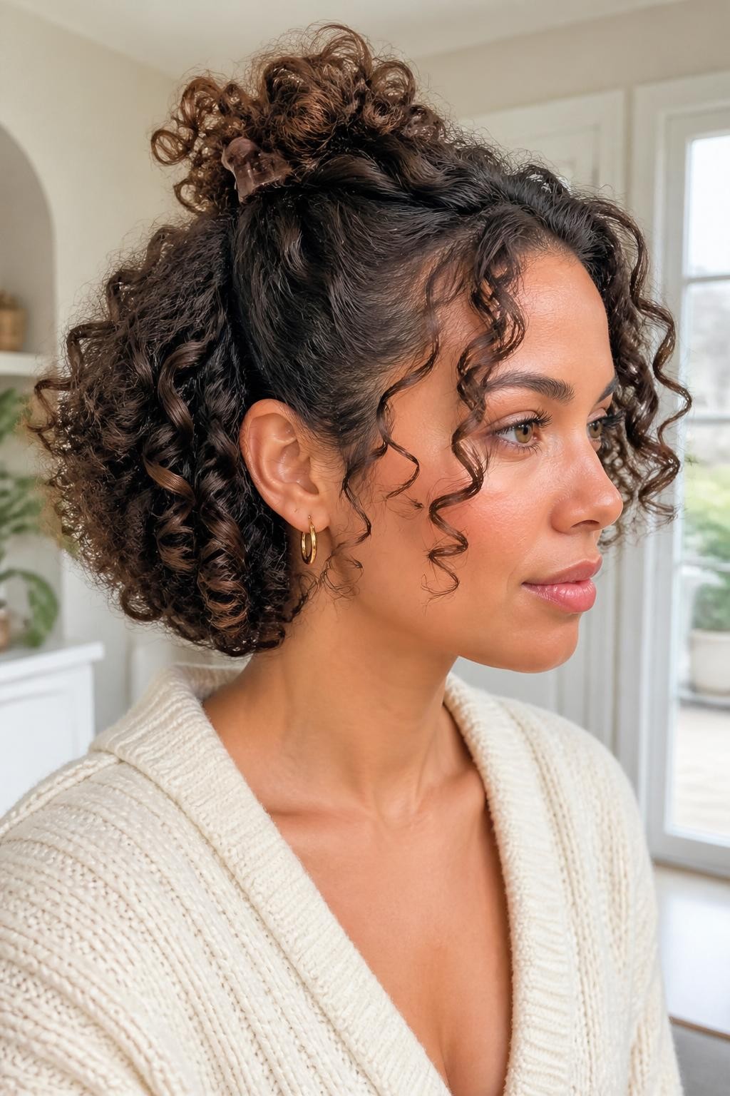 A realistic close-up beauty portrait of a woman with a short curly bob styled half-up with a tiny matte brown claw clip, springy curls framing the face, soft rounded bob shape, side angle, small hoop earrings, cream cardigan, bright window light, clean home background, fresh short curly hairstyle inspiration, DSLR quality, no text, (no watermarks on images)