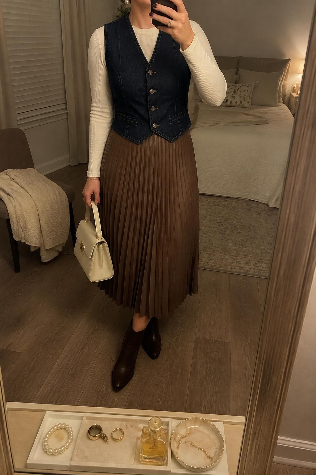 mirror selfie of a woman wearing the exact outfit described above, clearly showing a dark denim vest layered over a cream long-sleeve fitted top, brown pleated midi skirt, dark brown ankle boots, a cream top-handle bag, and pearl stud earrings, holding a phone in front of a mirror, cropped at NECK so the face does not show, with a relaxed casual selfie pose, in a cozy bedroom mirror setup, warm moody lighting, with a folded blanket on a chair and a jewelry tray on the vanity, latest iPhone photo quality.