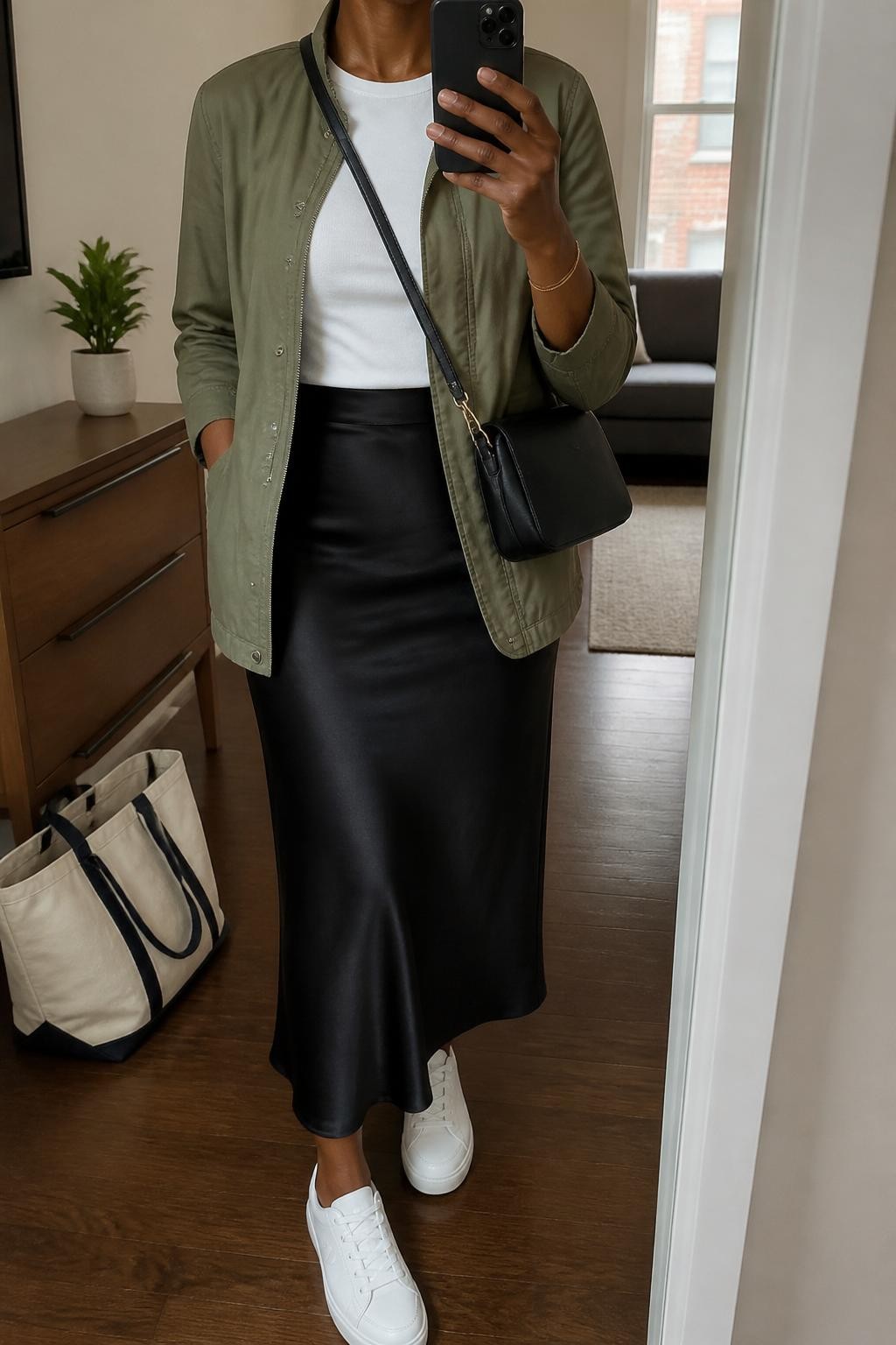 mirror selfie of a Black woman wearing an olive lightweight utility jacket, fitted white crew-neck tee, black satin slip skirt, white low-profile sneakers, and a black crossbody bag, clearly showing the same clothing items, colors, fabrics, and accessories listed in the Outfit Pieces section, holding a phone in front of a mirror, cropped at NECK so the face does not show, with a relaxed casual selfie pose, in a stylish city apartment, soft indoor lighting, including a tote bag resting on the floor and a small plant on a dresser, latest iPhone photo quality.