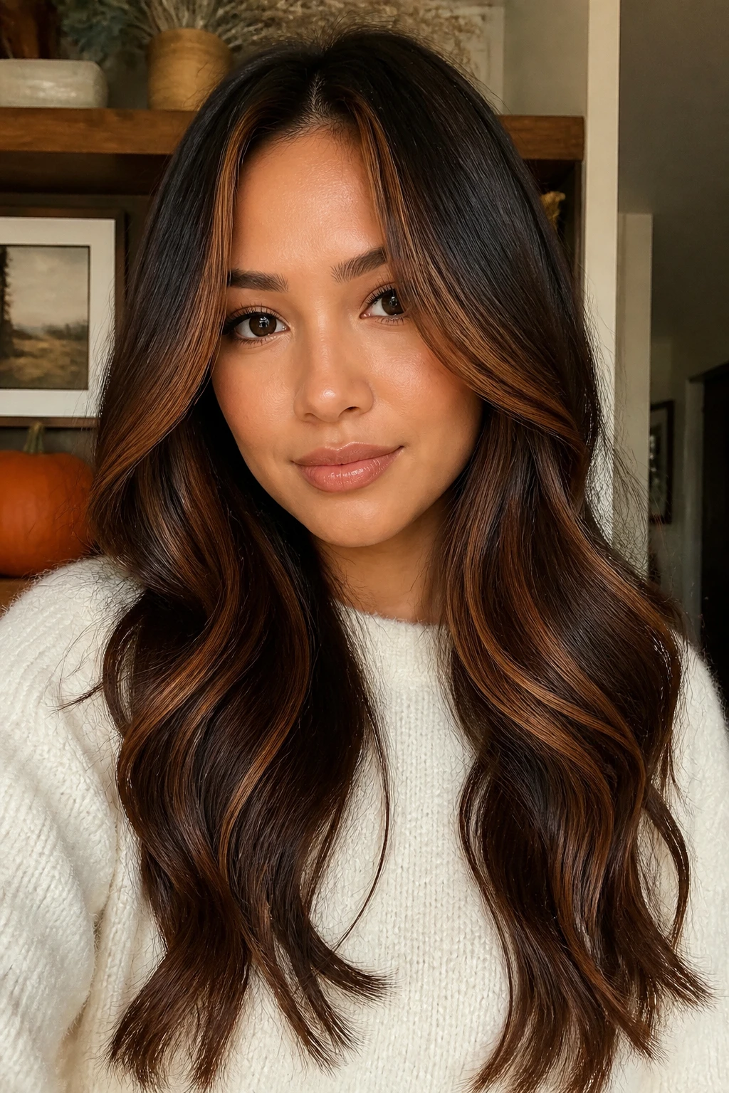 A realistic portrait of a woman with light-medium skin and long wavy dark brown hair, pumpkin spice brunette ribbons placed through the front layers and lower mid-lengths, deep chocolate root base, soft copper, cinnamon, and golden-brown tones blended together, loose brushed waves, cream sweater, warm indoor background, soft autumn daylight, realistic hair movement, no neon orange, natural glossy finish.