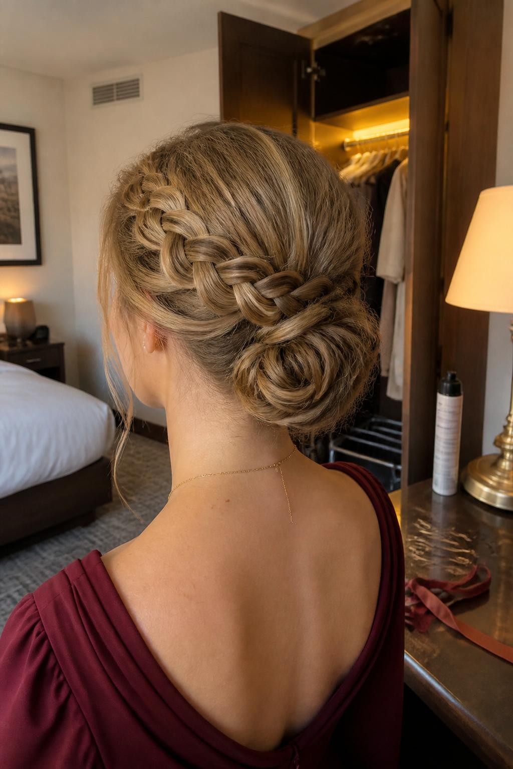 Photo of a woman wearing a loose diagonal Dutch braid that begins near one temple and wraps into a textured low bun, back-of-head view in a softly lit hotel room, natural window light mixed with warm lamps, bobby pins and a velvet ribbon on the dressing table, deep burgundy dress visible at the shoulders and a slightly open wardrobe behind her, realistic loose strands, latest iPhone photo quality.