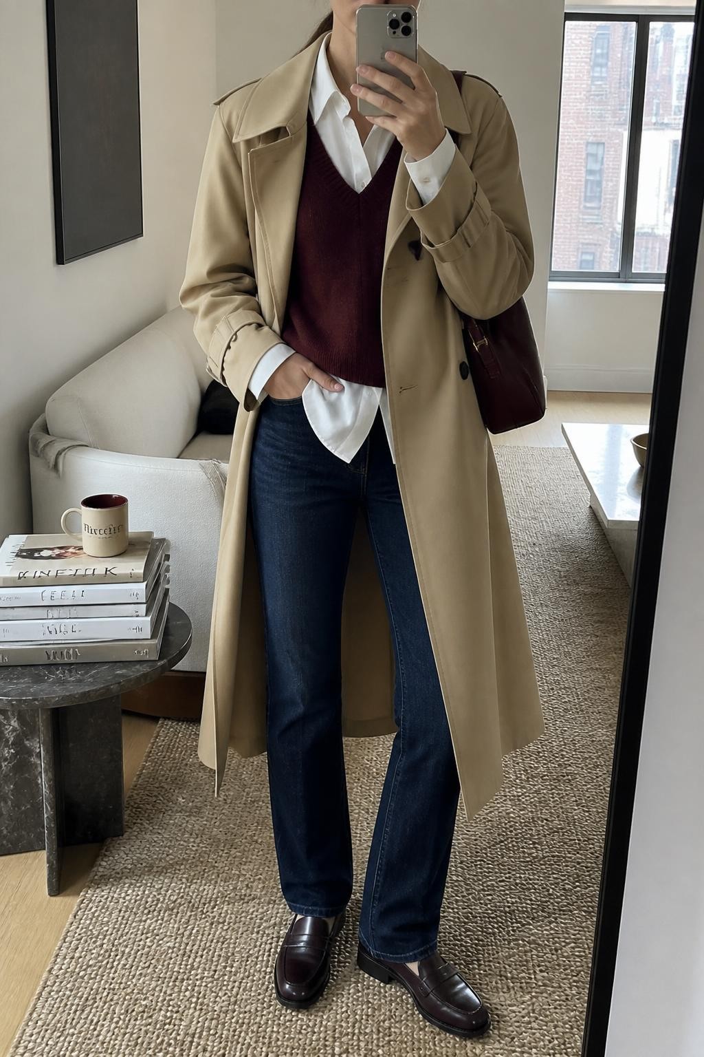 Mirror selfie of a woman wearing a long camel cotton trench coat over a burgundy wool sweater vest layered on top of a crisp white poplin button-down shirt, dark-wash straight-leg jeans, polished chocolate brown leather loafers, and a structured burgundy shoulder bag, clearly showing the exact clothing items, colors, fabrics, and accessories listed in the Outfit Pieces section, holding a latest-model iPhone in front of a mirror, cropped at the neck so the face does not show, relaxed casual selfie pose, in a stylish city apartment with natural window light, a stack of fashion magazines on a side table and a coffee mug nearby, natural unstaged composition, latest iPhone photo quality.