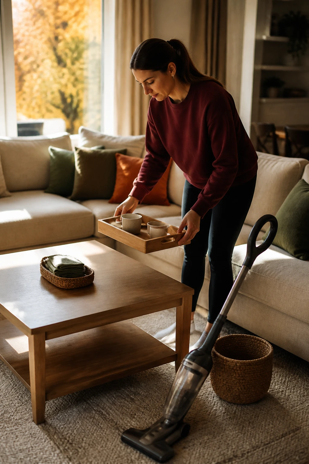 Image Prompt: A realistic DSLR photograph of a woman completing a focused Sunday home reset in a cozy living room, collecting cups into a tray while a cordless vacuum, folded cleaning cloths and small basket sit nearby, woman wearing a burgundy sweatshirt and comfortable black leggings, cream sofa with neatly arranged olive cushions, wooden coffee table being cleared, golden leaves visible through the window, warm natural afternoon light, realistic household clutter reduced but not perfectly staged, caramel, cream, olive and rust color palette, editorial home organization photography, 35mm lens, no product logos, no text.