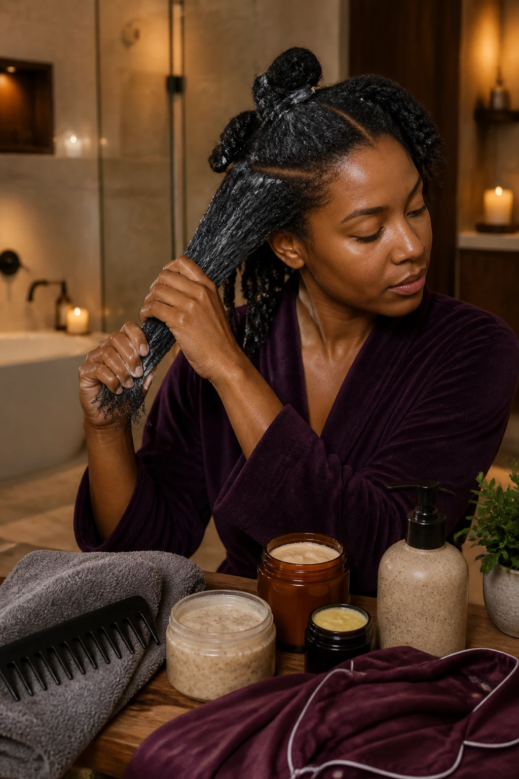 Image Prompt: A luxurious realistic beauty photograph of a Black woman with medium-deep brown skin completing a full fall wash-day and body-care reset in a warm bathroom, thick natural hair divided into sections while a deep conditioning treatment is applied, gentle shampoo, wide-tooth comb and microfiber towel arranged beside body scrub, rich lotion, foot balm and clean pajamas, woman wearing a dark plum robe, warm steam, cream stone tile, walnut accents and soft amber lighting, realistic curl definition, scalp parting and skin texture, premium DSLR wellness photography, 50mm lens, no product labels, no text.