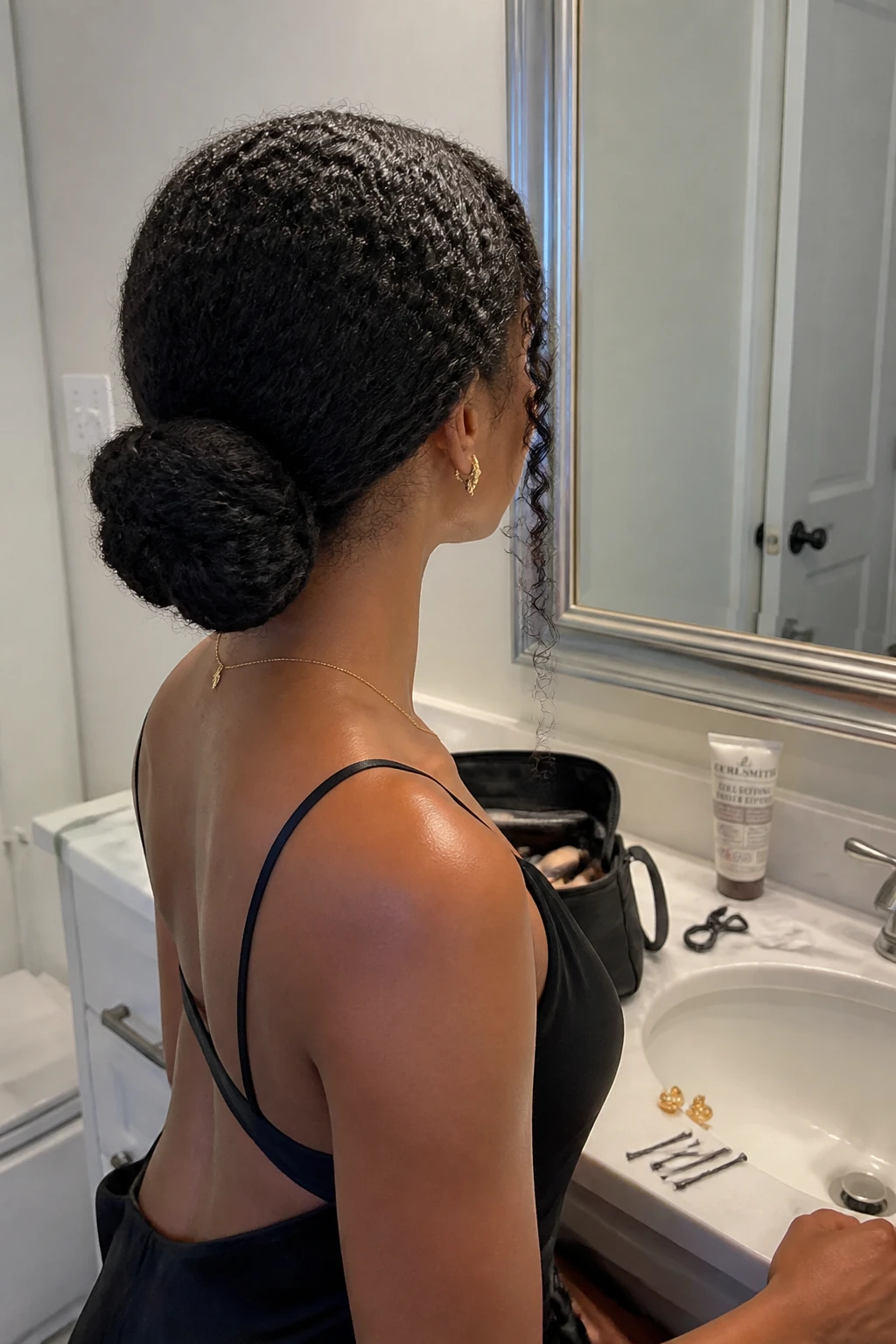Image prompt

Photo of a woman wearing a low twisted bun created from dense 4A curls with a clean middle part, soft crown volume, and two defined spiral pieces framing the face, back three-quarter view beside a bathroom vanity mirror, soft indoor lighting, containing a small lived-in detail such as bobby pins beside an open makeup bag, curl cream on the counter, and small gold earrings resting near the sink, realistic formal getting-ready moment, latest iPhone photo quality.