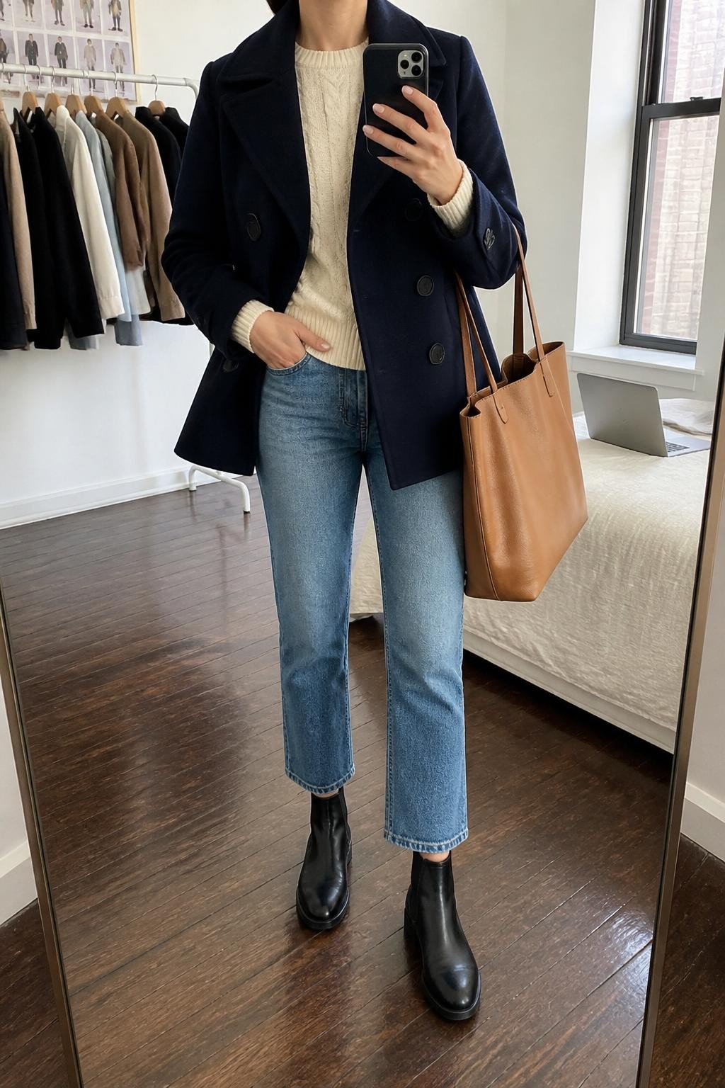 mirror selfie of a woman wearing a navy wool peacoat, cream cable-knit sweater, medium-wash cropped straight jeans, black Chelsea boots, and a tan leather tote bag, clearly showing the same clothing items, colors, fabrics, and accessories listed in the Outfit Pieces section, holding a phone in front of a mirror, cropped at NECK so the face does not show, with a relaxed casual selfie pose, in a fashion studio mirror corner, natural window light, including a clothing rack with garments behind and a laptop on the bed, latest iPhone photo quality.