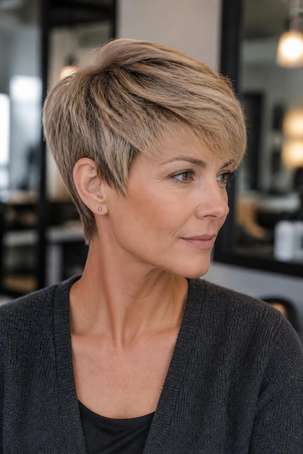 A realistic salon portrait of a woman with fair neutral skin wearing a softly layered pixie crop, cool taupe-brown shadow roots, smoked vanilla-blonde mid-lengths, muted pearl-beige tips, fine biscuit lowlights placed beneath the crown, slightly deeper beige sides, airy side-swept fringe, no white platinum, yellow bands, or silver-blue cast, natural piecey finish, charcoal cardigan, blurred modern salon background, soft daylight, realistic hair density, subtle flyaways, matte-satin shine.