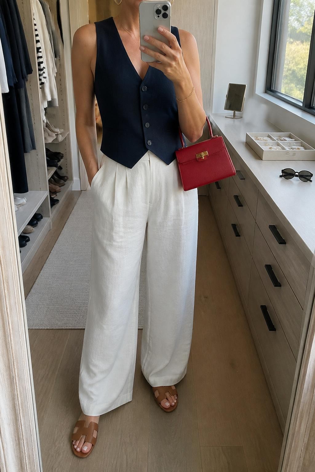 mirror selfie of a woman wearing a fitted navy sleeveless linen vest buttoned at the front, white high-waisted wide-leg linen pants, tan leather slide sandals, red structured mini bag, and gold hoop earrings, clearly showing the same clothing items, colors, fabrics, and accessories listed in the Outfit Pieces section, holding a phone in front of a mirror, cropped at NECK so the face does not show, with a relaxed casual selfie pose, in a walk-in closet mirror, natural window light, including sunglasses placed on a dresser and a jewelry tray on the vanity, latest iPhone photo quality.