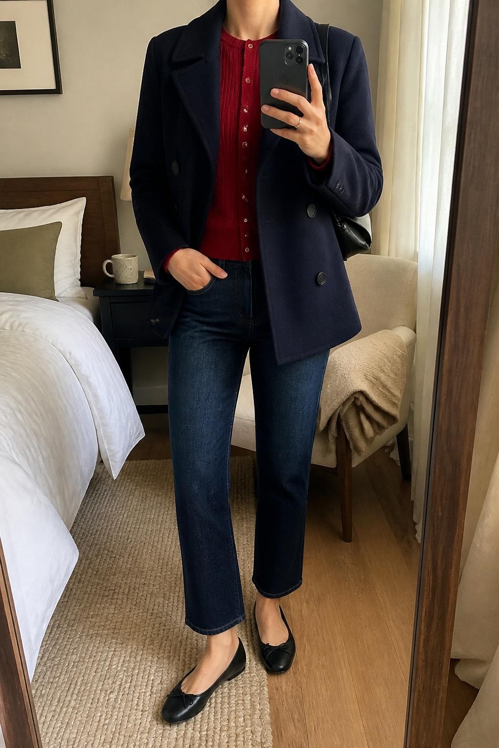 mirror selfie of a woman wearing a structured navy wool peacoat, cherry red fitted knit cardigan, dark-wash cropped straight jeans, black leather ballet flats, and a compact black shoulder bag, clearly showing the same clothing items, colors, fabrics, and accessories listed in the Outfit Pieces section, holding a phone in front of a mirror, cropped at NECK so the face does not show, with a relaxed casual selfie pose, in a cozy bedroom mirror setup, natural window light, including a coffee mug on a bedside table and a folded blanket on a chair, latest iPhone photo quality.