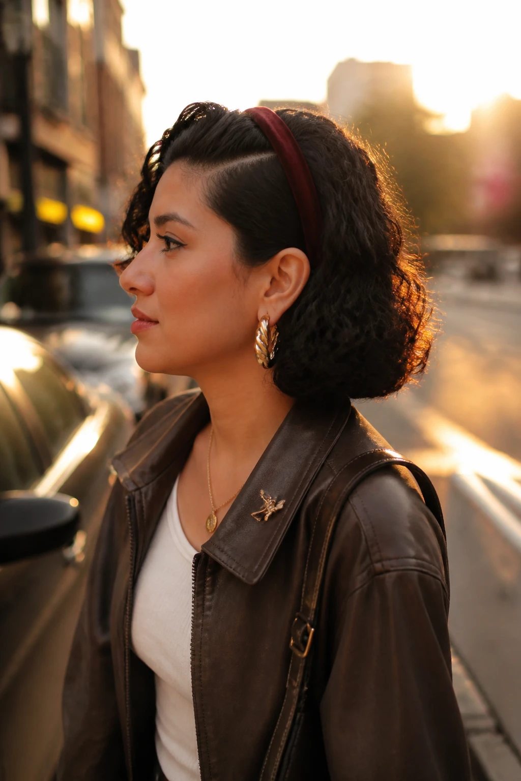 Image prompt

Photo of a Latina woman wearing a short curly bob with a deep side part, one side tucked behind the ear, and a narrow burgundy velvet headband, side profile view against a softly blurred city street background, golden hour glow, containing a small lived-in detail such as statement earrings, a tiny hair clip attached to her jacket collar, and a small shoulder bag, realistic candid photograph, latest iPhone photo quality.