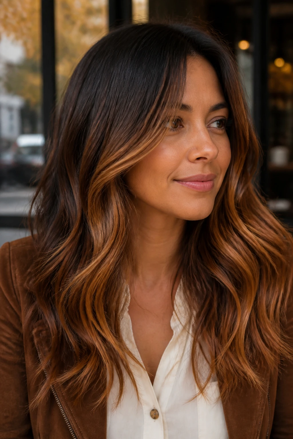 A realistic portrait of a woman with medium skin and deep brunette layered hair, spiced maple money melt, natural dark brown root base, front sections beginning in cinnamon brown near the scalp, melting into rich maple copper through the cheekbones and warm amber-gold at the ends, finer maple ribbons scattered through the lower layers, back and interior hair remaining mostly brunette, loose polished waves, cream blouse beneath a brown suede jacket, blurred cafe window, warm autumn daylight, seamless gradient and realistic strand separation.