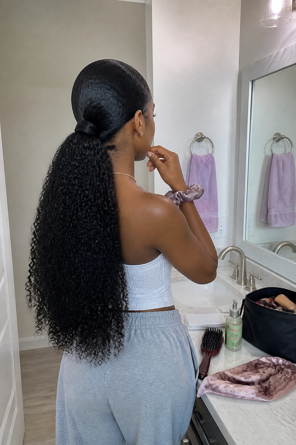 Image prompt

Photo of a Black woman wearing long 4A curls in a low ponytail with a clean middle part, softly smoothed crown, a neatly wrapped hair section around the elastic, and full defined coils falling down her back, back three-quarter view beside a bathroom vanity, soft indoor lighting, containing a small lived-in detail such as a hairbrush and curl cream on the counter, a satin scarf near an open makeup bag, and a silk scrunchie on her wrist, realistic getting-ready moment, latest iPhone photo quality.