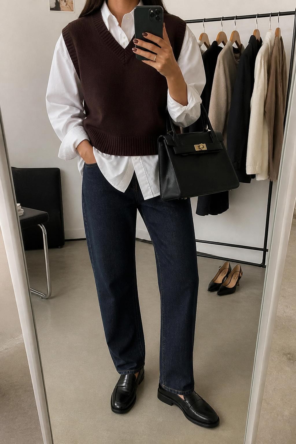 mirror selfie of a woman wearing a chocolate brown sweater vest, crisp white poplin button-down shirt, dark-wash straight jeans, black loafers, and a structured black handbag, clearly showing the same clothing items, colors, fabrics, and accessories listed in the Outfit Pieces section, holding a phone in front of a mirror, cropped at NECK so the face does not show, with a relaxed casual selfie pose, in a fashion studio mirror corner, soft indoor lighting, including a clothing rack with garments behind and a pair of heels on the floor nearby, latest iPhone photo quality.