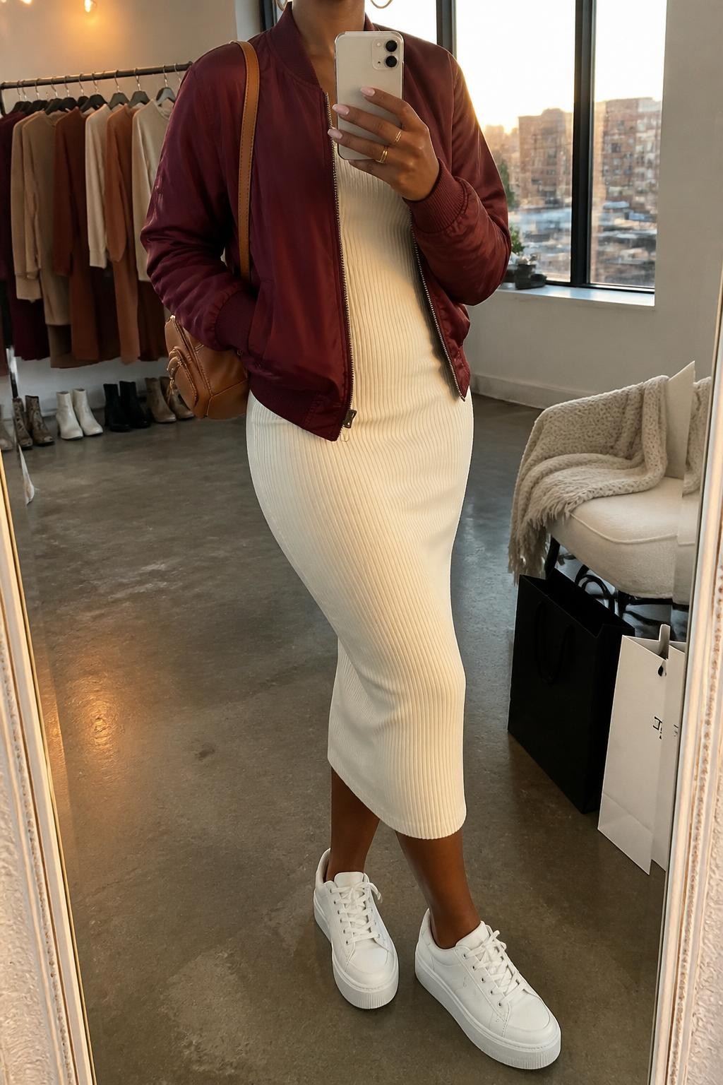 mirror selfie of a Black woman wearing a burgundy lightweight bomber jacket, cream ribbed knit midi dress, white platform sneakers, small gold hoops, and a tan mini backpack, clearly showing the same clothing items, colors, fabrics, and accessories listed in the Outfit Pieces section, holding a phone in front of a mirror, cropped at NECK so the face does not show, with a relaxed casual selfie pose, in a fashion studio mirror corner, evening golden hour, including a clothing rack with garments behind and shopping bags beside a chair, latest iPhone photo quality.